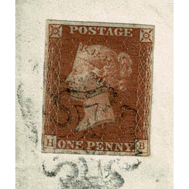 1d red "HB" on entire. Light Maltese Cross cancel.