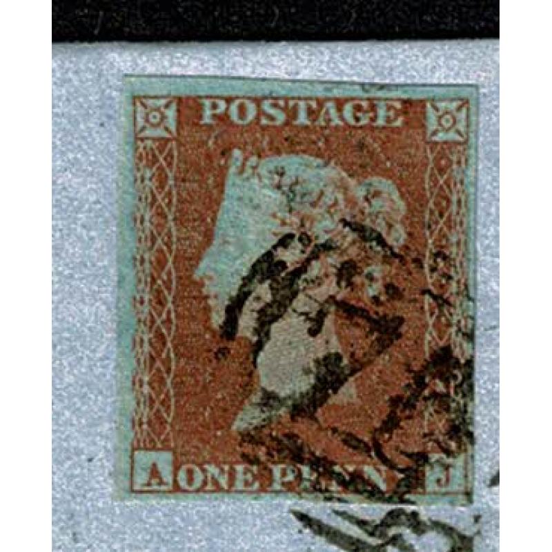 1d red "AJ" on entire to London. Birmingham horizontal oval cancellation.