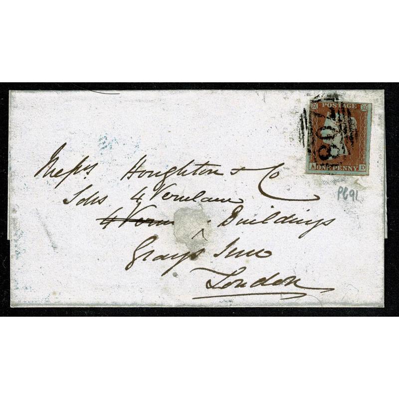 1d red "AD" on entire to London. Shrewsbury horizontal oval cancellation.