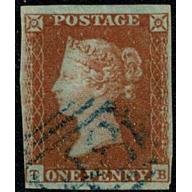 1d Red "TB" Plate 101 Blue 1844 type  cancellation. SG 8-12