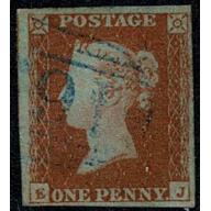 1d Red "EJ" Blue numeral cancellation. Plate 87. SG 8-12