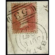 1d Pale red on transitional paper. On piece "BATH" Sideways Duplex cancellation 1857. SG 38