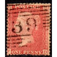 1857 C10 1d red-brown &#039;FD&#039; Plate 27 with Scottish Numeral Cancellation Used