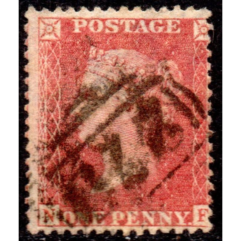 1857 Sg 40 C10 1d red-brown &#039;NF&#039; Plate 34 with 220 Bala Cancellation Good Used