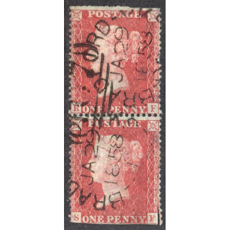 1857 Sg 36 C11 1d rose-red &#039;RF/SF&#039; Plate 43 with 107 Bradford Cancel Pair Used