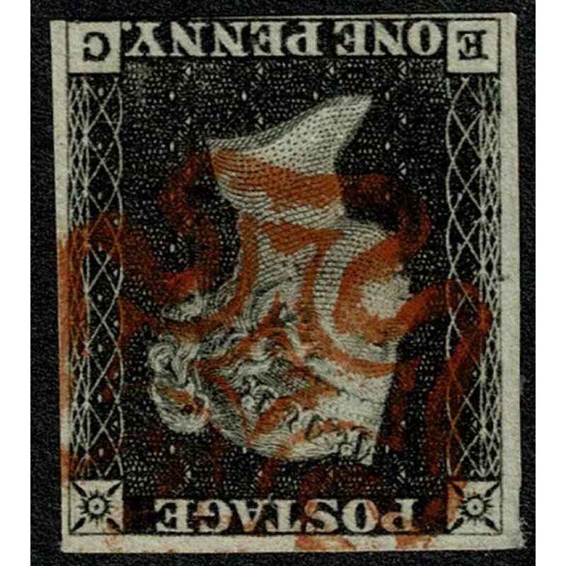 1d Black. Plate 1b  "EC". WATERMARK INVERTED  red Maltese Cross cancellation.