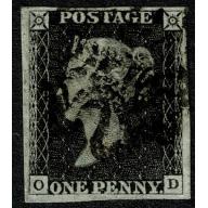 1d Black. Plate 1b  "OD". NE of ONE nearly joined.  Black Maltese Cross cancellation