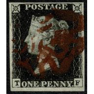 1d Black "TF" Plate 6. Four good to large margins. Dark reddish brown Maltese cross cancellation.