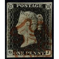 1d Black  "GJ" Plate 1a. Fine used four margins, cancelled by red Maltese cross.